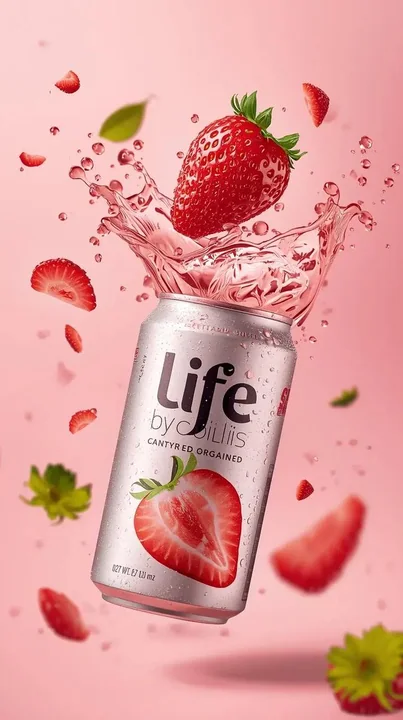Hyper-realistic strawberry soda splash commercial shot
