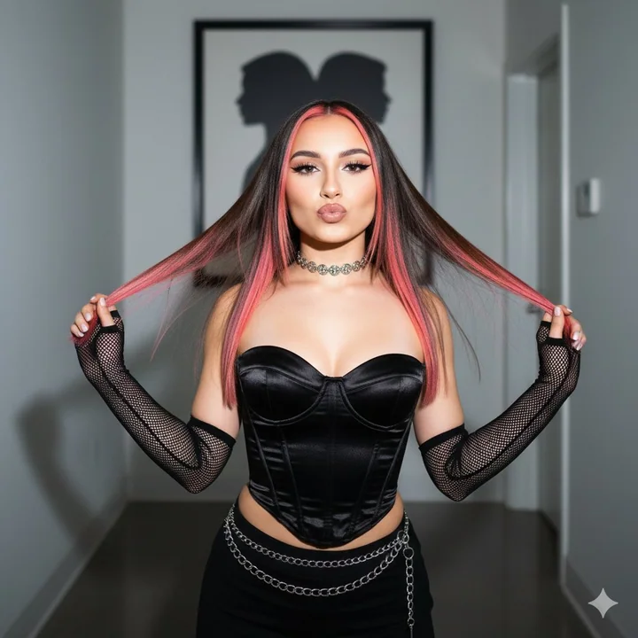Style millénaire sucré et cool ! Instantané scintillant de la fille au look rose et aux cheveux teints.
