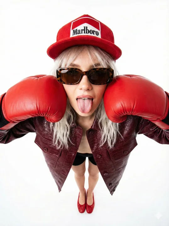 Cute girl in red dress sticking out her tongue, wide-angle boxing photo