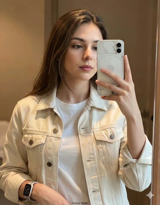 Autoportrait d'une jeune femme aux cheveux longs bruns
