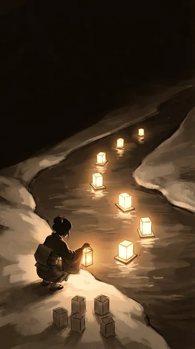 Concept sketch of a snowy river lantern on a night with S-shaped light and shadow flow