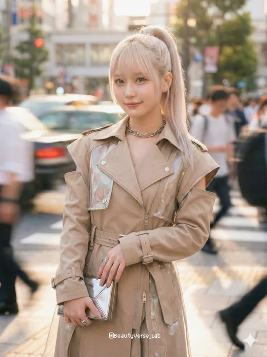 Jeune fille mode avant-gardiste japonaise dans l'agitation de la ville lumineuse