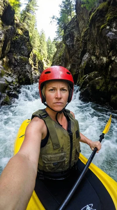 Rushing Forward: A Brunette Girl's Kayak Selfie in the Canyon