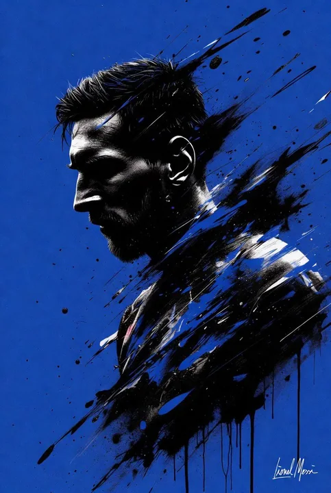 Deep electric blue shadow art photo of Messi in a burst of light