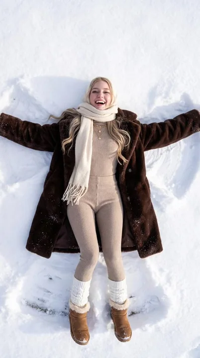 Ange de neige heureux en peluche marron-chocolat sous le soleil