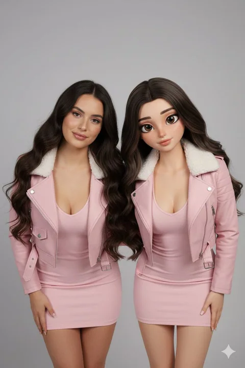 Reality vs. 3D Style Comparison: Mirror Pose of the Pink-Dressed Sisters