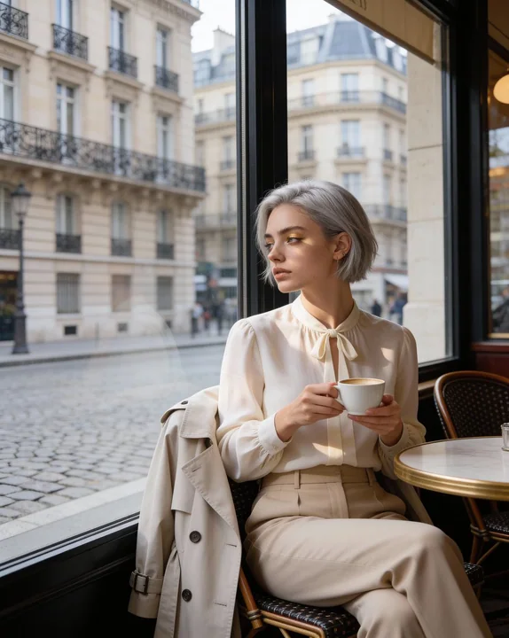Jeune femme élégante aux cheveux argentés assise près d'une fenêtre d'un café à Paris