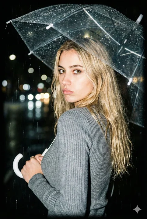 金髪の少女が雨の夜、フラッシュライトの下で傘をさしながら振り返る