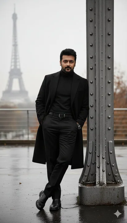 Moving black coat portrait of a movie scene in front of the Eiffel Tower, Paris, with a somber atmosphere.