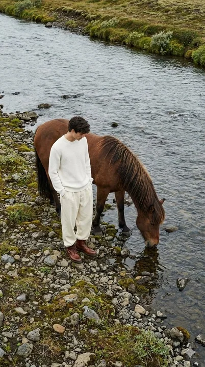 Vue aérienne minimaliste d'un homme sur la rive d'une rivière en Islande avec un cheval marron