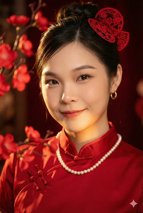 Nouvelle robe de chambre chinoise, femme élégante dans les reflets de lumière et d'ombre