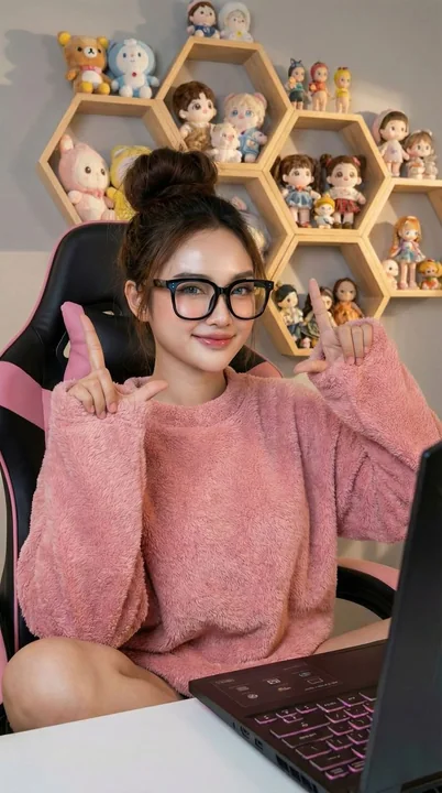 Korean sweet-eyed glasses girl gaming chair home photo