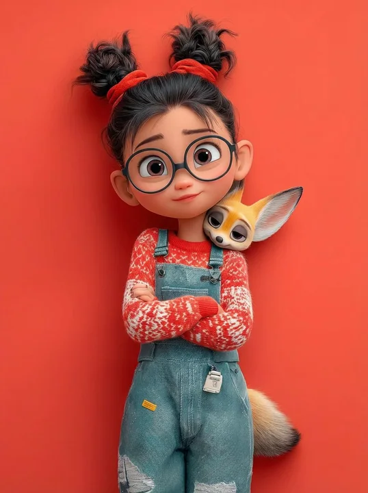 Healing Moment of a Red Sweater Overalls Girl with a Cute Ear-Fox