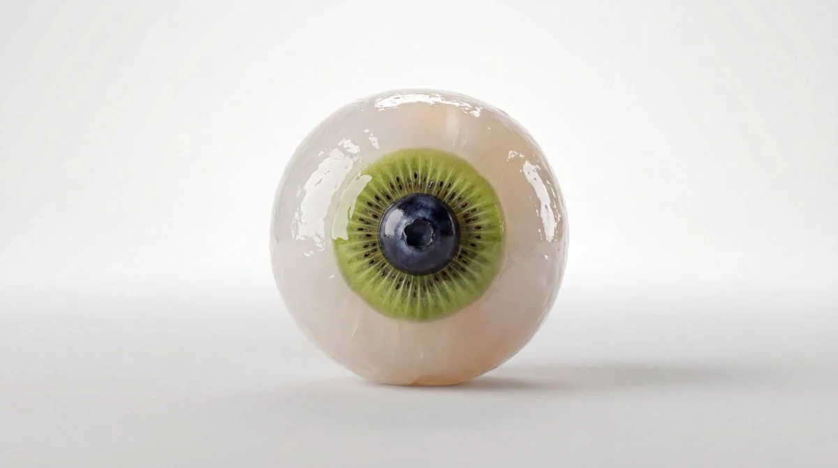 Photographie macro en 3D hyper-réalistique de yeux de légumes et de fruits