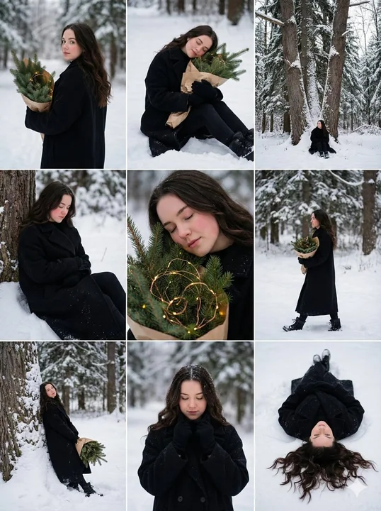 雪林光影：黑衣少女的静谧冬日叙事