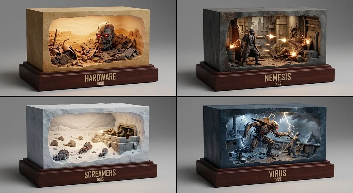 Resident Evil : scène miniature hyper réaliste sur socle en bois rouge foncé