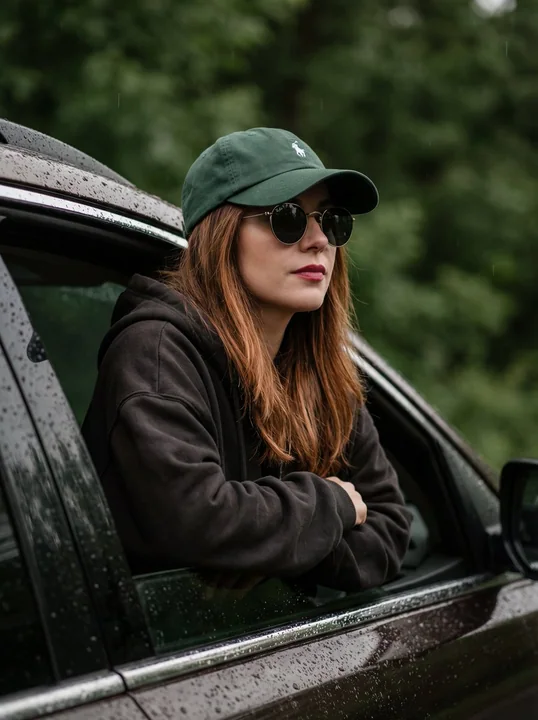 Portrait de jeune fille au style cinématographique, contemplant la pluie par la fenêtre