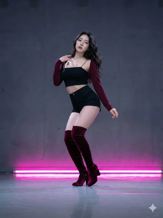 Dynamic Kpop idol dancing under neon pink lights