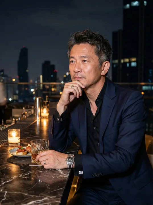 Contemplation Under the Urban Night: Hyper-realistic Portrait of a Middle-aged Gentleman in a Business Setting