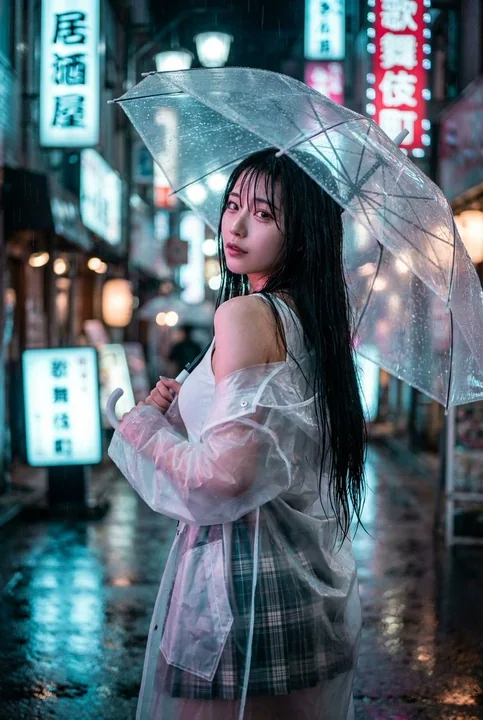 ネオンの雨夜、渋谷の街で振り返る美少女