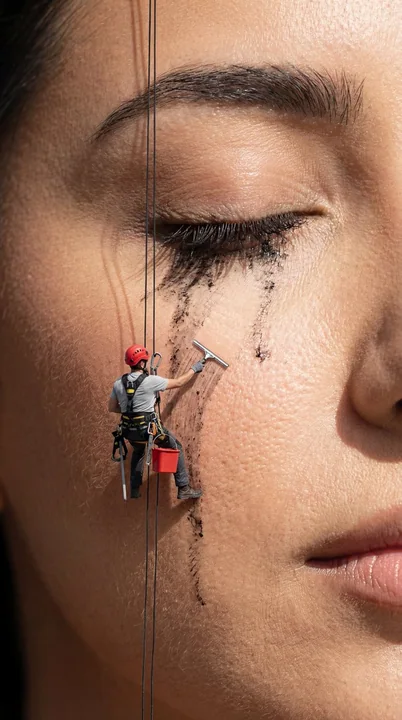 Surreal macro ad: miniature cleaner climbing a cheek