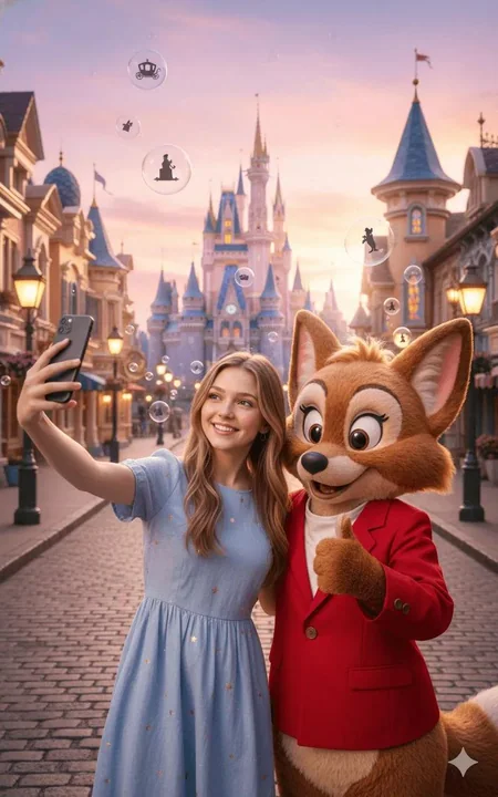 Autoportrait chaleureux au parc de contes de fées avec le mascotte renard