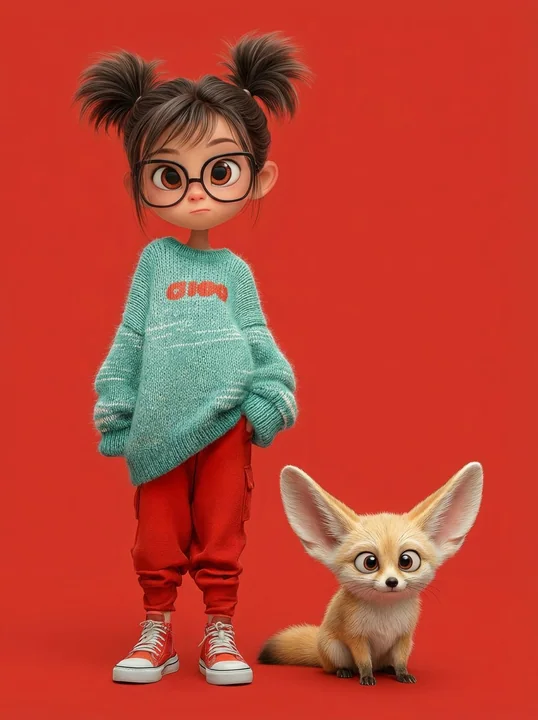 Pixar-style red-dressed girl with a cute fox on her shoulder