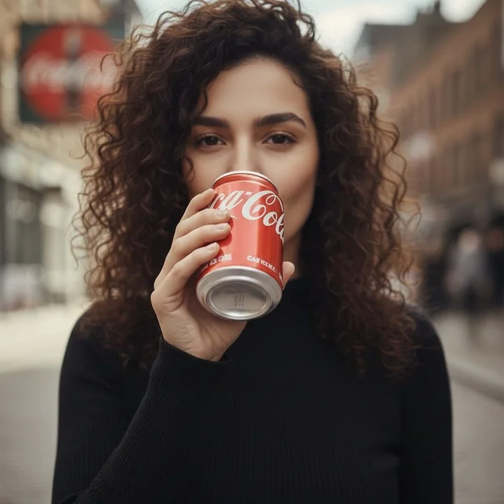 Fashionable movie-style girl holding a red can of soda on the city street