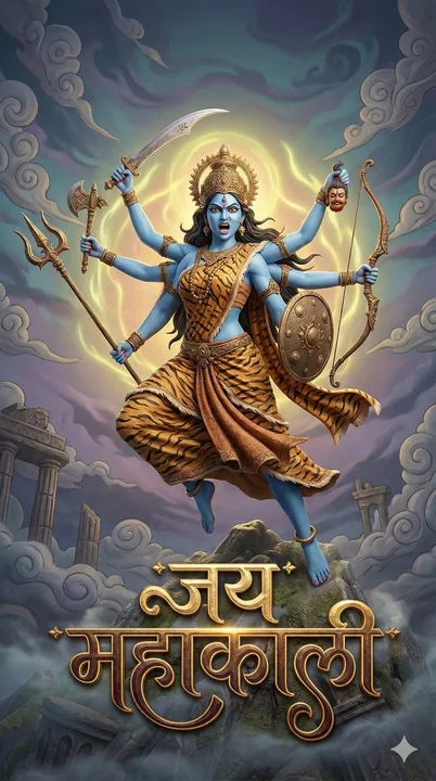 Déesse Mahakali aux dix bras, peau bleu ciel fantastique 3D