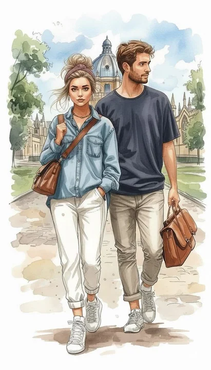 Couple en aquarelle devant une université européenne