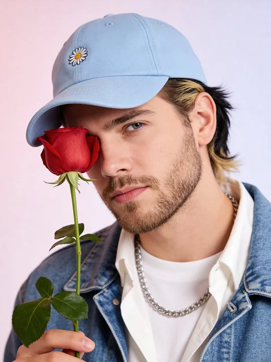 Portrait de jeune homme élégant et doux, avec des roses qui couvrent les yeux