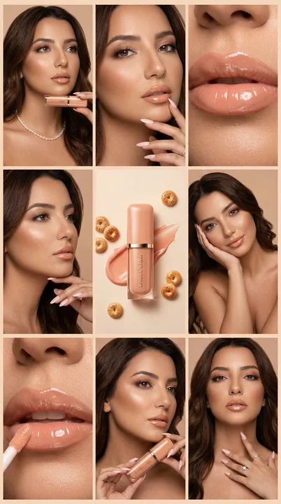 Affiche de photographie commerciale en 9 cases : maquillage nude rose extrêmement luxueux
