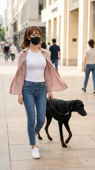 韓国風のピンクの服を着た少女が黒い犬を連れて都会の街を散歩する
