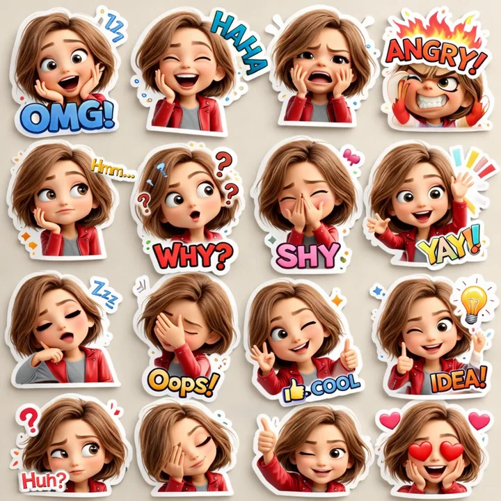 Pixar-style 3D cute girl emoji sticker design