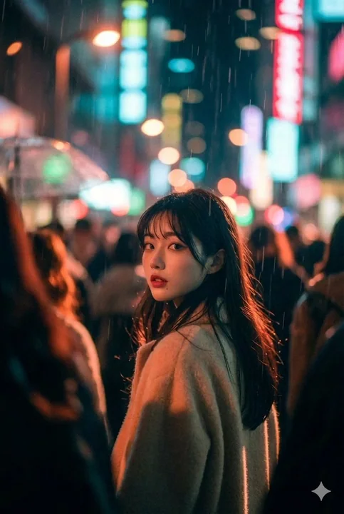 霓虹雨夜中回眸的忧郁都市女子
