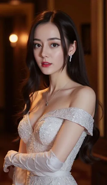 فتاة ترتدي فستان زفاف من Lace أبيض مكشوف الكتفين