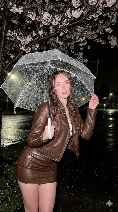 暴雨夜樱下的皮衣闪光灯时尚大片