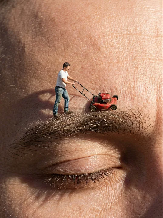Un petit homme se rase les sourcils.
