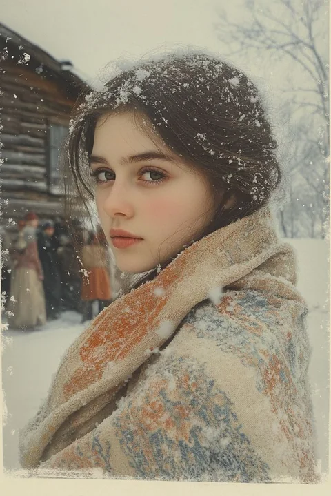 漫天飞雪中裹着羊毛披肩的清冷少女