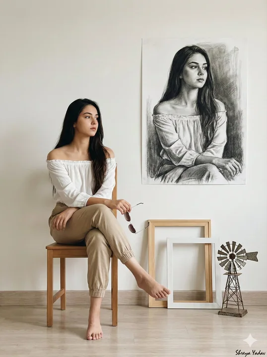 Une femme assise sur une chaise en bois simple, les jambes croisées, pieds nus.
