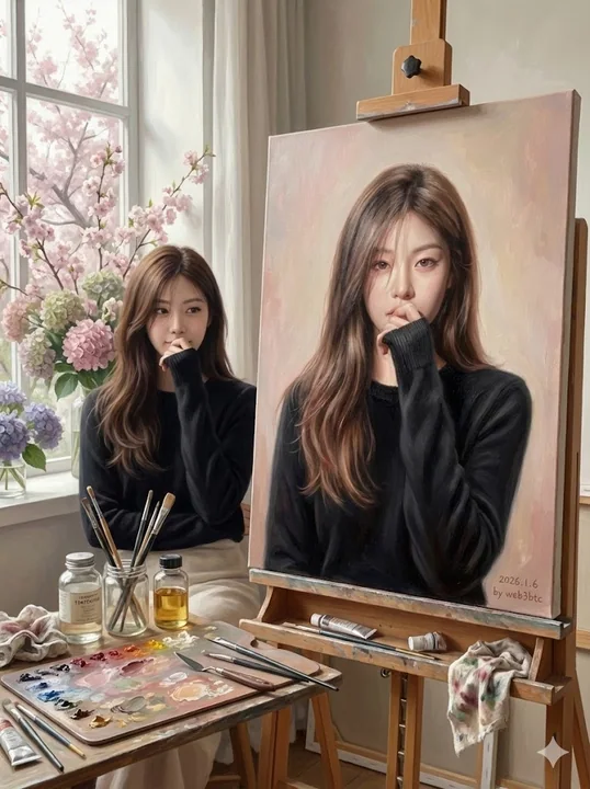 柔光画室里的浪漫写实油画与鲜花少女
