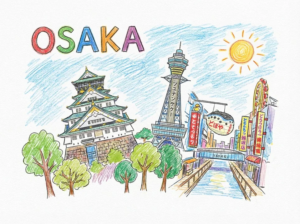 充满童趣的彩色蜡笔手绘城市插画