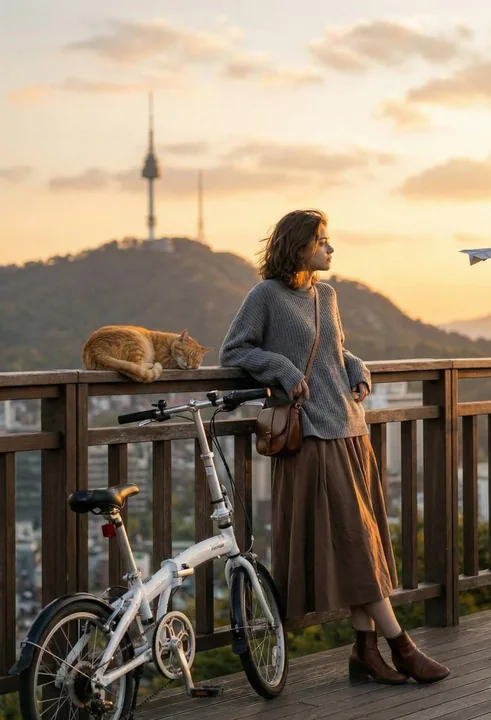 黄昏俯瞰城市的少女与单车橘猫
