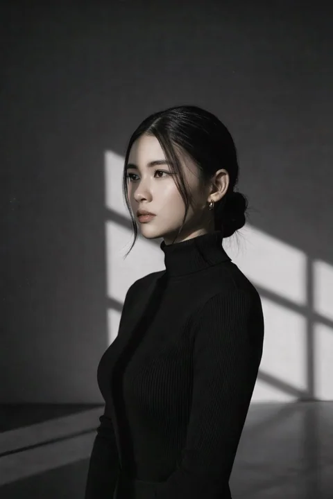 几何光影下的黑白高领毛衣冷艳少女