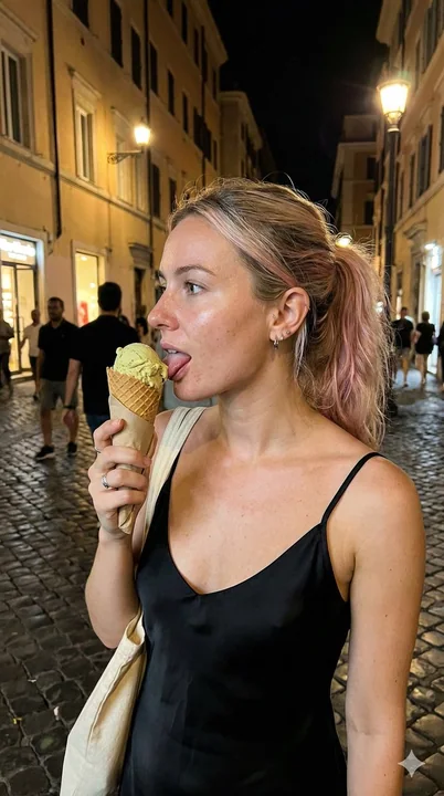 罗马夏夜街头品尝开心果冰淇淋的甜美少女