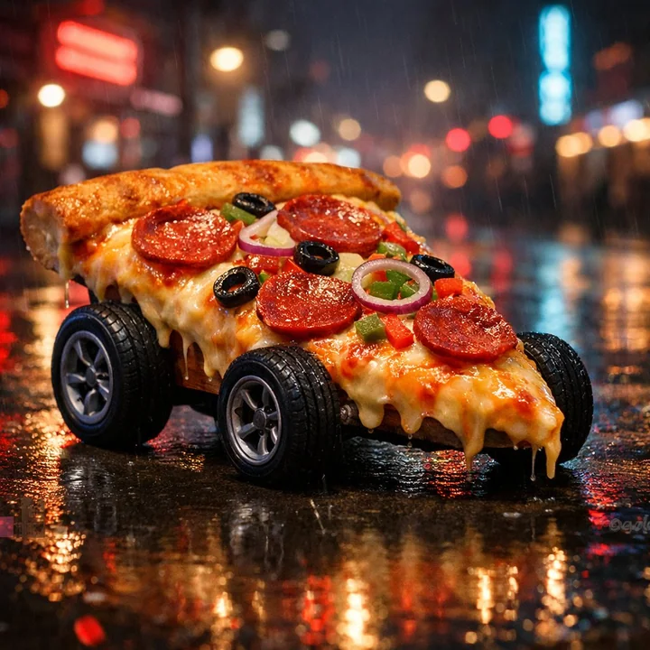 霓虹雨夜中疾驰的赛博朋克披萨跑车