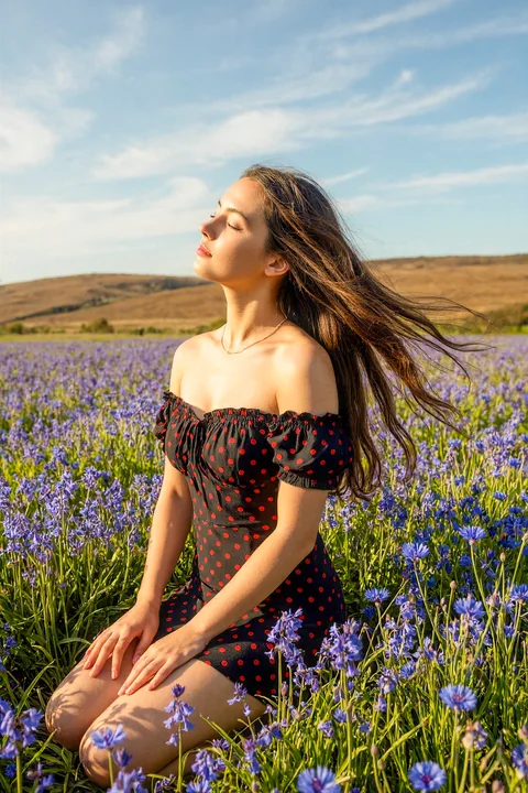 A young woman is kneeling in the field.