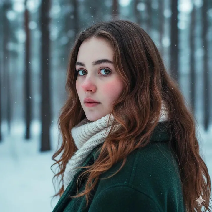 纷飞雪花中凝视的静谧冬日少女