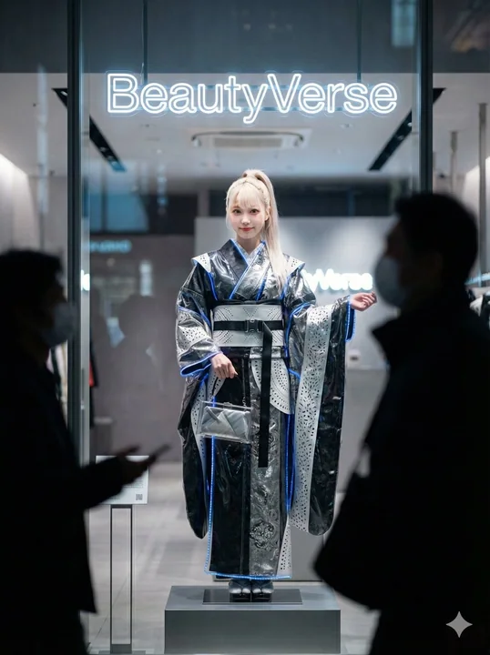 奢华橱窗内的未来感新锐和服美少女