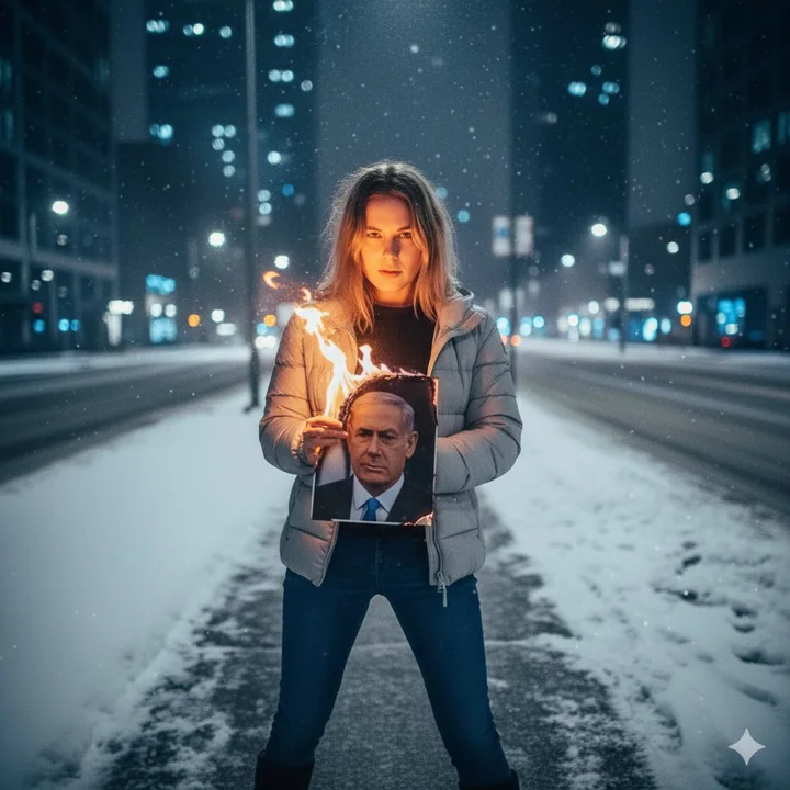 冰雪街头手持燃烧照片点烟的叛逆少女